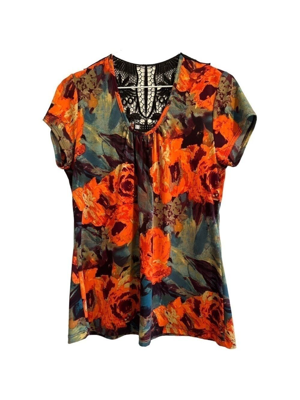 Fall Festival Whimsgoth Blouse Orange & Black Lace Sheer Back Womens Medium - Picture 11 of 13